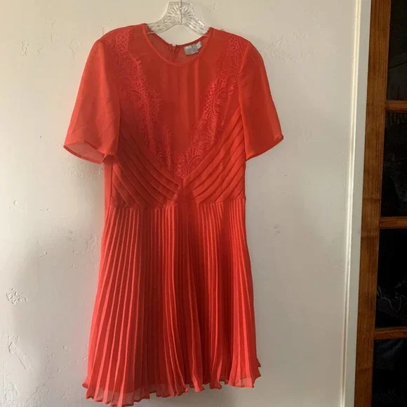 ASOS | Dresses | Asos Red Orange Dress Lace Front Mesh Vneck Pleated Skirt  Short Sleeve Size 8 | Poshmark